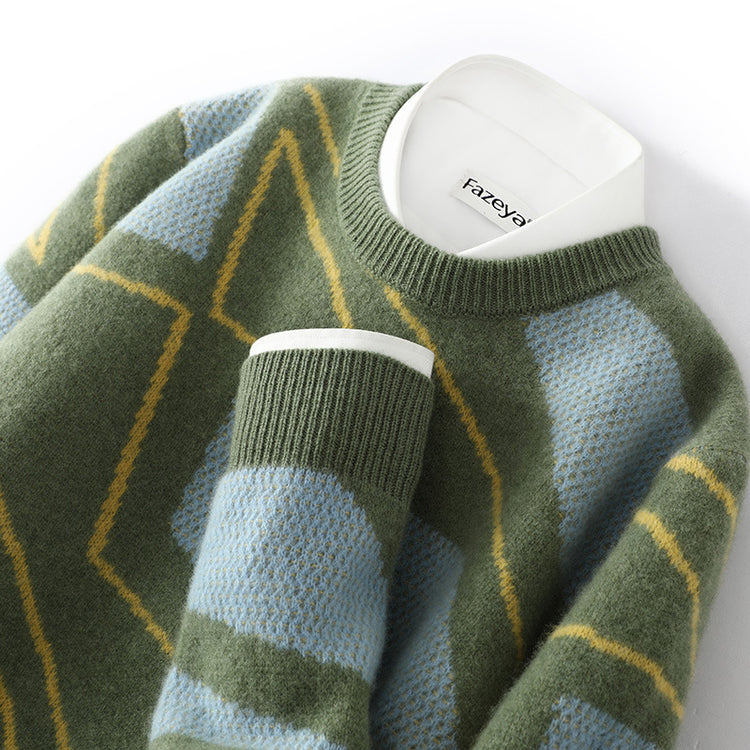 Men's pure wool sweater, teenage irregular pattern knit base shirt, winter plus-size cashmere sweater, crew neck sweater