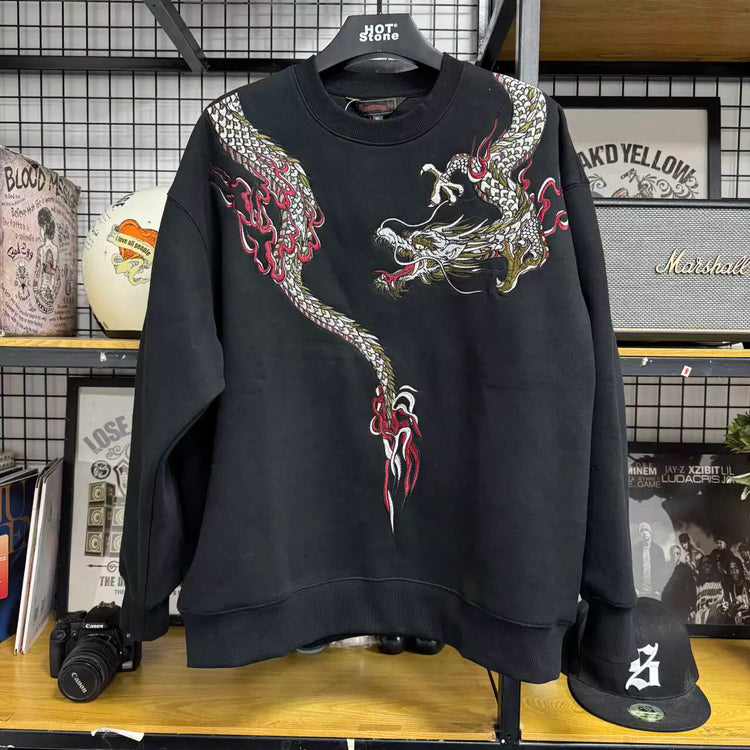The national tide wash, the old Chinese style, the heavy Yokosuka dragon embroidery, the round neck sweatshirt, the cotton male and female couples, the spring and autumn new