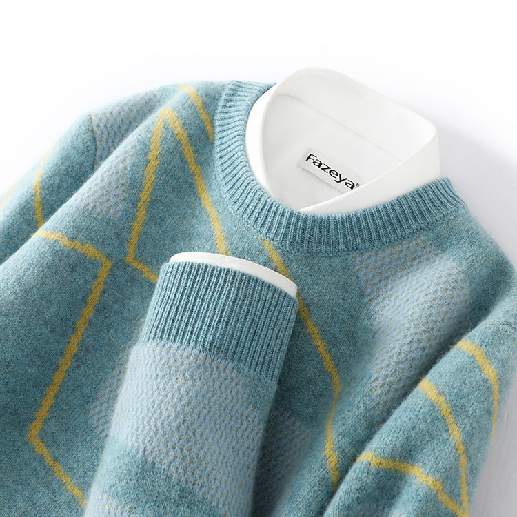 Men's pure wool sweater, teenage irregular pattern knit base shirt, winter plus-size cashmere sweater, crew neck sweater