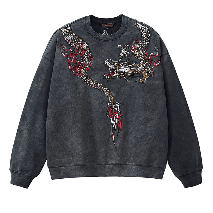 The national tide wash, the old Chinese style, the heavy Yokosuka dragon embroidery, the round neck sweatshirt, the cotton male and female couples, the spring and autumn new