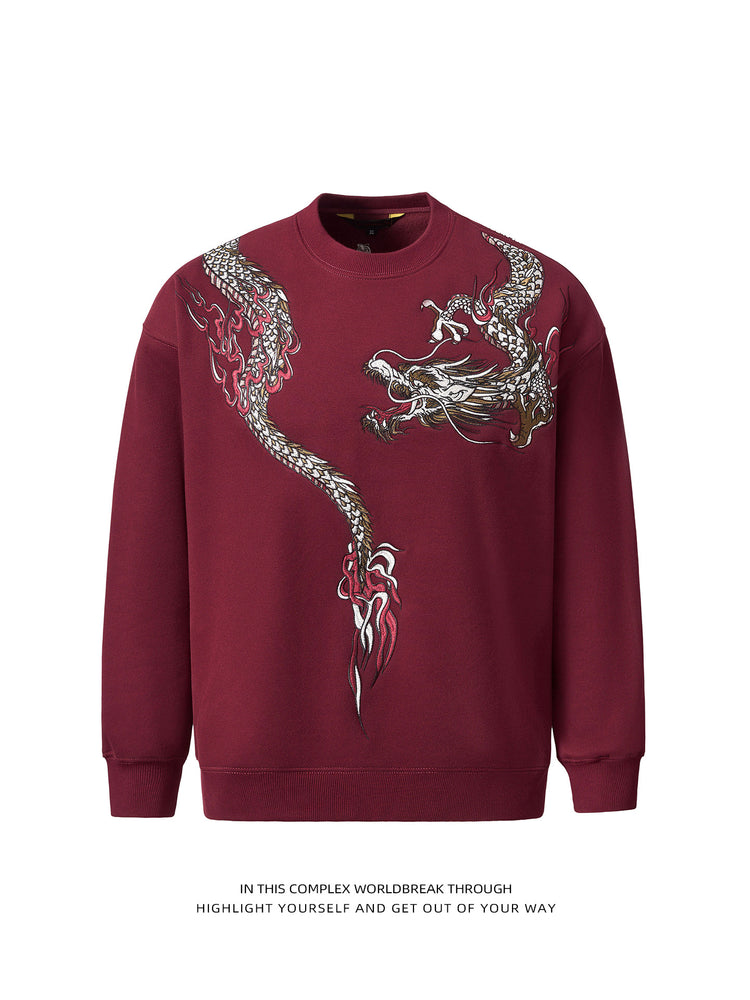 Sukajan Chinese-style Guochao heavy-industry dragon embroidery fleece crew neck pullover sweatshirt for men and women