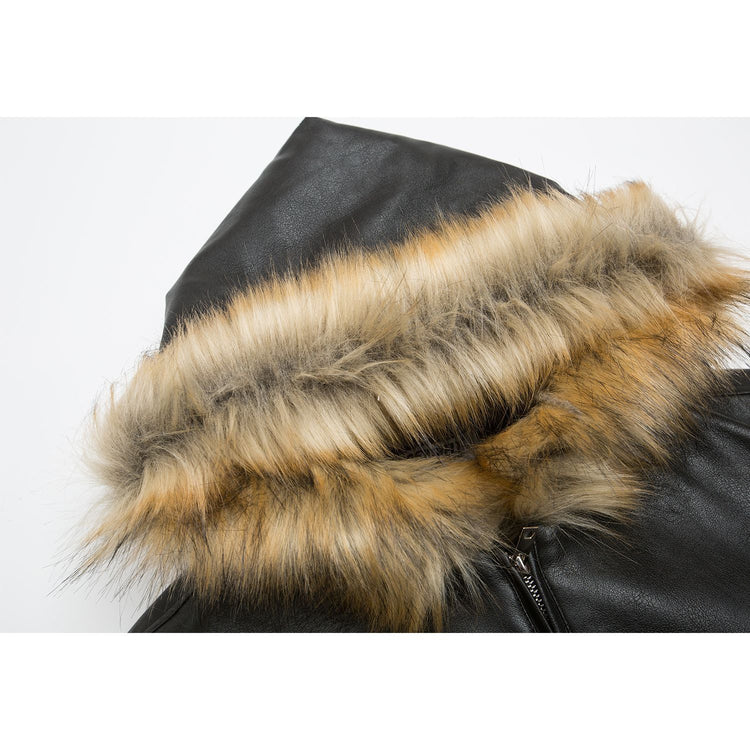 K20 American vintage street winter trendy PU leather design men's thickened warm seat carved hooded cotton jacket