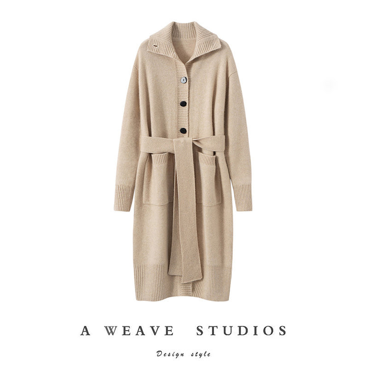Light luxury and high-end 100% pure cashmere sweater, women's lapel mid-length knit cardigan, loose and slimming coat