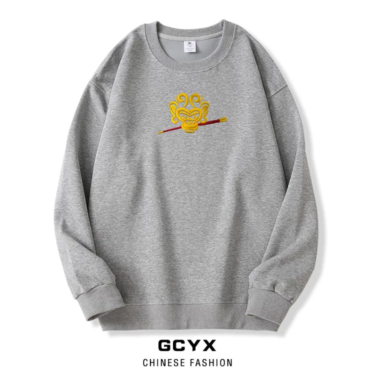 Zodiac Series Year of the Monkey Embroidered Crewneck Sweatshirt for Men and Women: Fleece-Lined Thickened Wukong Great Sage Long-sleeve Chinese Cotton Traditional Chinese Style T-Shirt