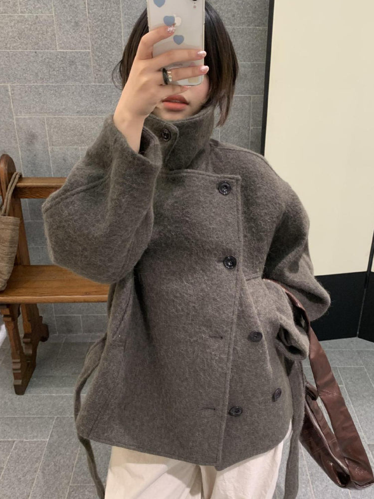 26 Autumn/Winter New Old Coin Style Camel Hair Short Wool Coat Tied Bathrobe Jacket Camel Waist-Cinching Vintage