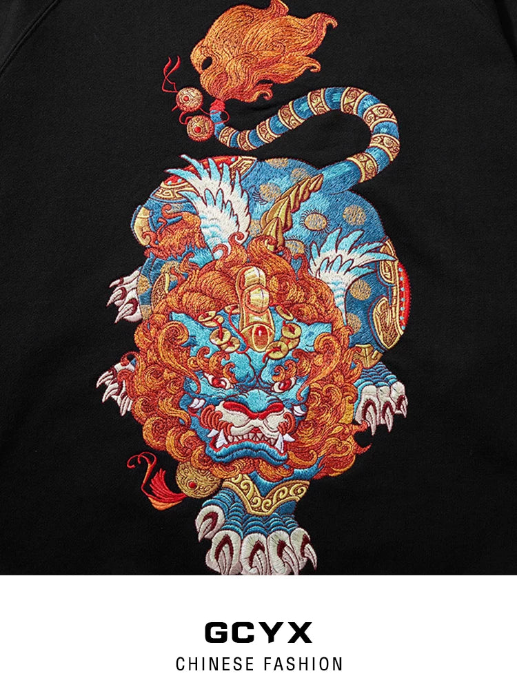 Chinese style embroidered unicorn jacket men's and women's national tide men's sweatshirt jacket autumn and winter style zipper cardigan thickened hoodie