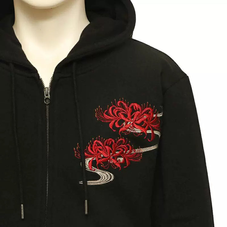 High-end Yokosuka classic ukiyo-e nine-tailed fox red spider lily full embroidery, pure cotton hooded zipper sweatshirt