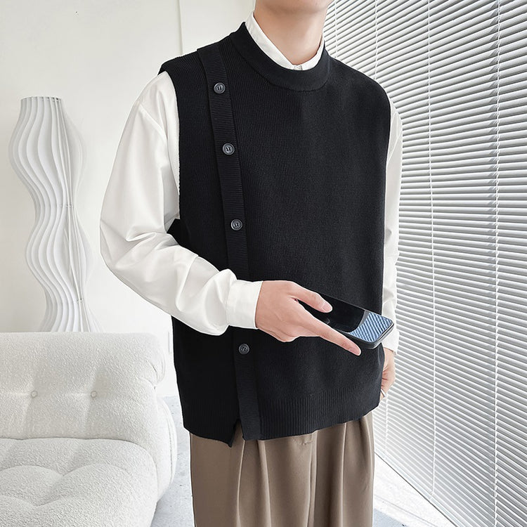 Light and familiar style 2023 Korean version solid color asymmetrical design sense personality knitted vest pullover sweater jacket vest men