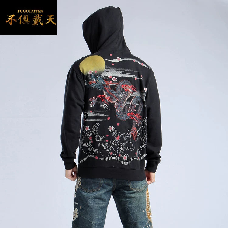 Foreign trade export Japanese ukiyo-e embroidery hooded sweater Yokosuka cardigan tattoo tattoo shirt embroidered dragon