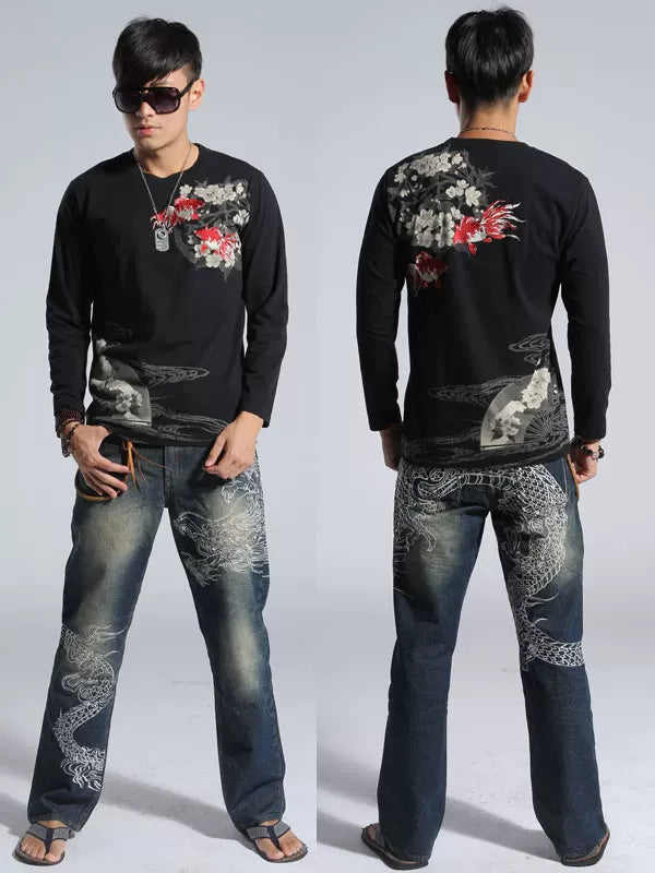 Tattoo Chinese style and handle Yokosuka Japanese embroidery long sleeve t-shirt men's cotton embroidery goldfish couple