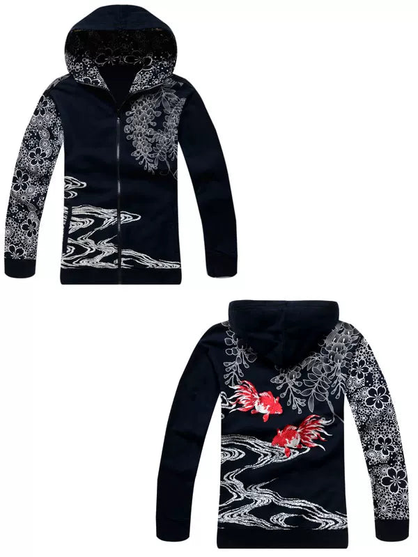 Hirabo Japan Washo Yokosuka high-end embroidery hooded sweatshirt men's cotton terry fleece embroidered goldfish