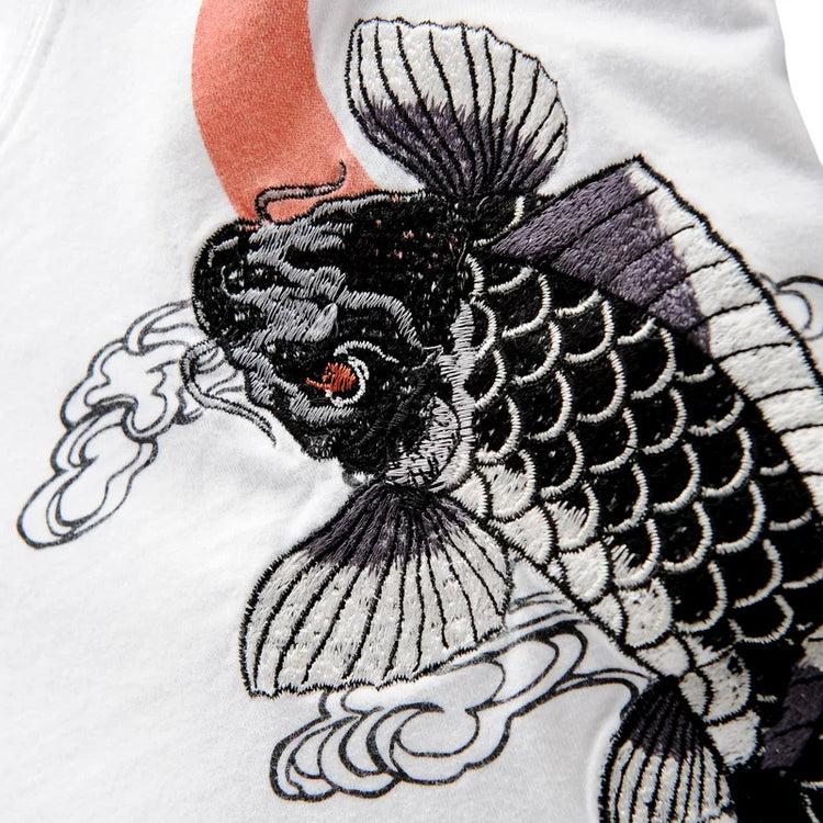 Classic Chinese style embroidery long sleeve T-shirt men's embroidered garden collar tattoo ukiyo-e auspicious carp