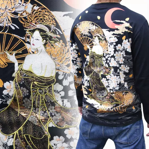 Not all Japanese high-end embroidered cotton tide men's long-sleeved T-shirt and handle Yokosuka has oversized oiran