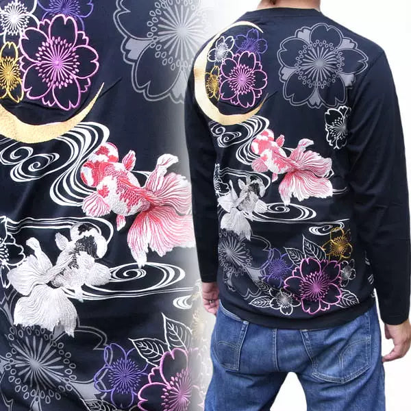 Hirobo Limited edition Japanese tattoo tattoo embroidery long sleeve T-shirt men's and handle Yokosuka Izume goldfish