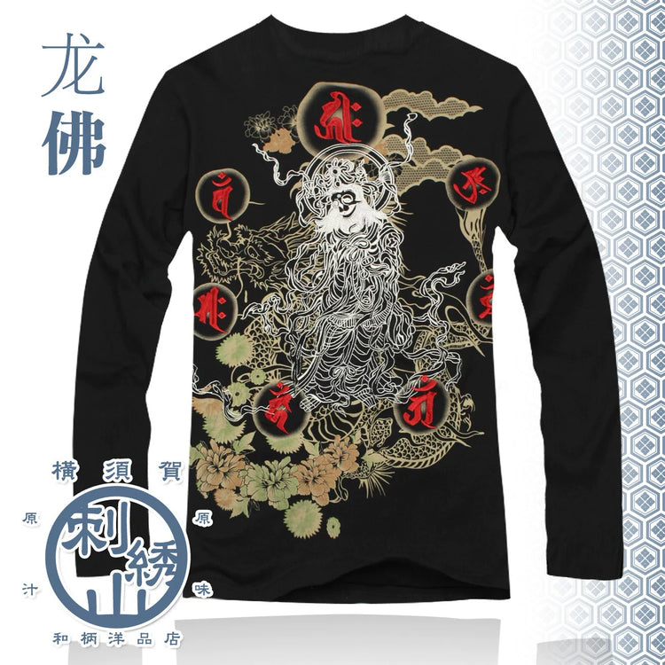 Japanese Yokosuka and handle embroidery cotton long-sleeved T-shirt men's fashionable casual dye ukiyo-e dragon Buddha