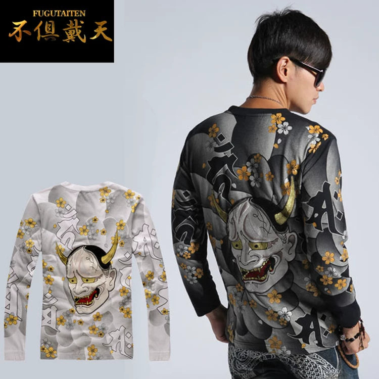 Foreign trade exports to Japan round neck embroidery long sleeve T-shirt and handle Yokosuka ukiyo-e tattoo tattoo embroidery flower banno