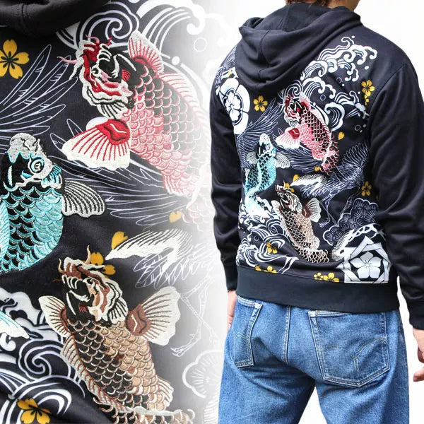Japanese trendy brand, Yokosuka, wagon, souvenir, ukiyo-e tattoo, tattoo, hot-blooded high school embroidery, hooded sweatshirt, carp