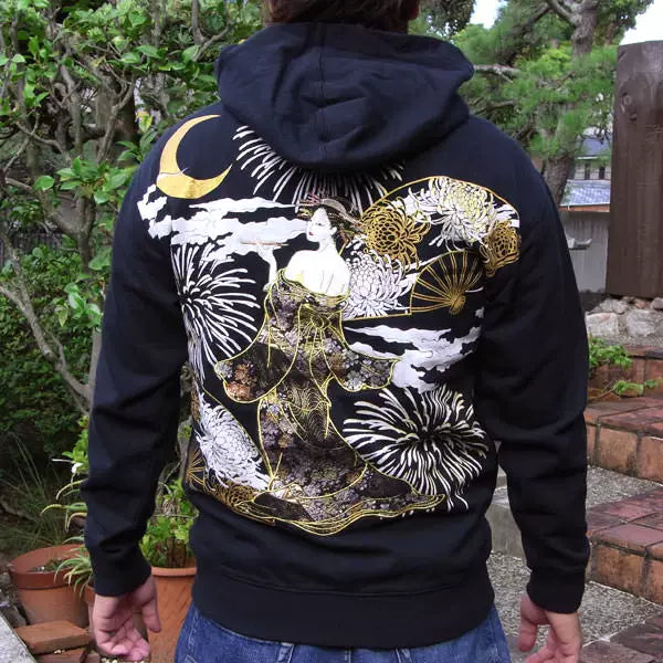 Do not wear the day and handle Yokosuka limited edition Japanese embroidery floral fleece hooded sweater cardigan men's Oiran cherry blossom