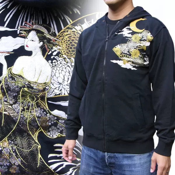 Do not wear the day and handle Yokosuka limited edition Japanese embroidery floral fleece hooded sweater cardigan men's Oiran cherry blossom
