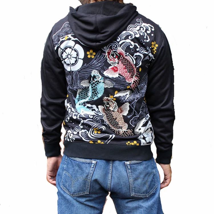 Japanese trendy brand, Yokosuka, wagon, souvenir, ukiyo-e tattoo, tattoo, hot-blooded high school embroidery, hooded sweatshirt, carp