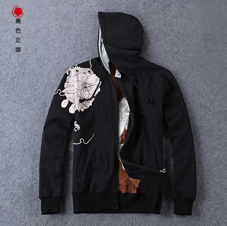Chinese national style embroidery koi fish hooded sweater thick winter personality trend men's casual jacket zipper