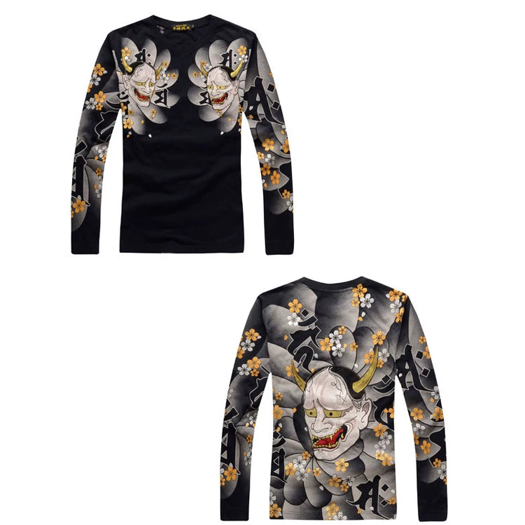 Foreign trade exports to Japan round neck embroidery long sleeve T-shirt and handle Yokosuka ukiyo-e tattoo tattoo embroidery flower banno