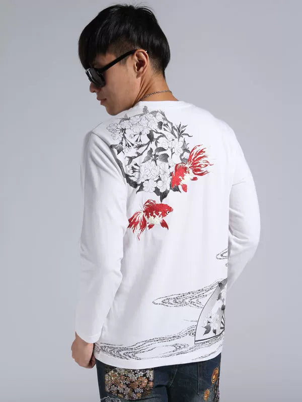 Tattoo Chinese style and handle Yokosuka Japanese embroidery long sleeve t-shirt men's cotton embroidery goldfish couple