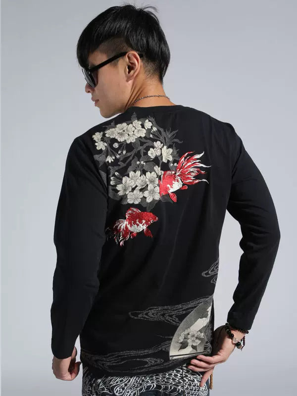 Tattoo Chinese style and handle Yokosuka Japanese embroidery long sleeve t-shirt men's cotton embroidery goldfish couple