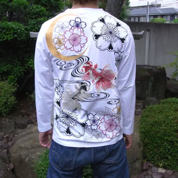 Hirobo Limited edition Japanese tattoo tattoo embroidery long sleeve T-shirt men's and handle Yokosuka Izume goldfish