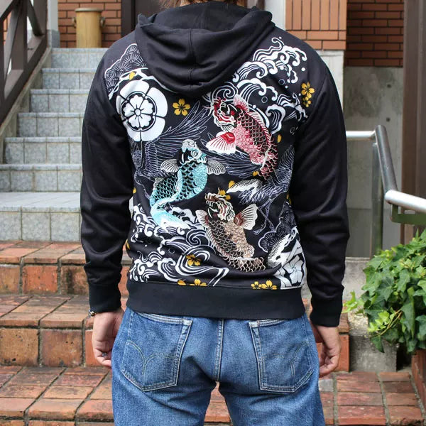 Japanese trendy brand, Yokosuka, wagon, souvenir, ukiyo-e tattoo, tattoo, hot-blooded high school embroidery, hooded sweatshirt, carp