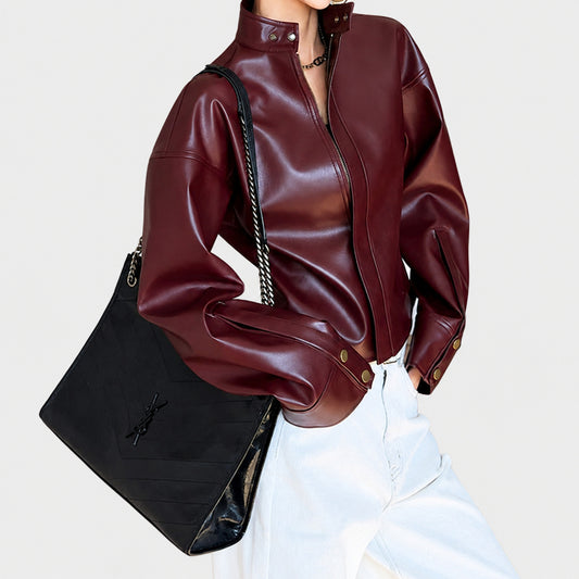 Korean-style stand-neck long-sleeve jacket, women's spring new fashionable slimming leather jacket, youthful, niche cardigan