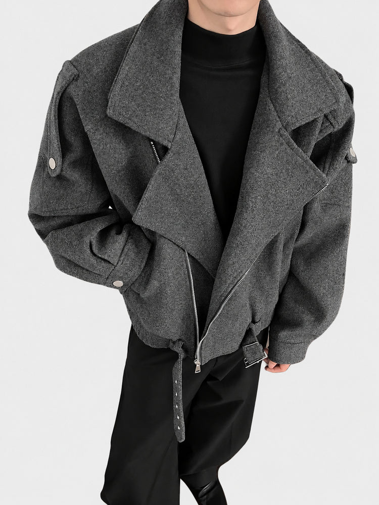 Gray woolen jacket men's winter cleanfit deconstructs high-end niche woolen coat waist cropped jacket