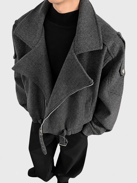 Gray woolen jacket men's winter cleanfit deconstructs high-end niche woolen coat waist cropped jacket
