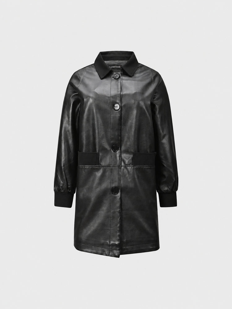 Cross-border European and American minimalist black mid-length leather trench coat women's jacket, lapel single-breasted loose PU leather jacket