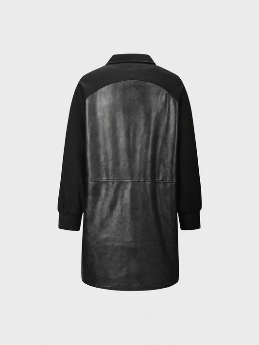 Cross-border European and American minimalist black mid-length leather trench coat women's jacket, lapel single-breasted loose PU leather jacket