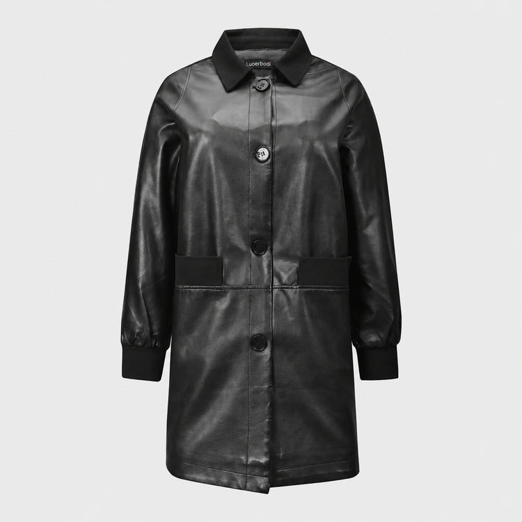 Cross-border European and American minimalist black mid-length leather trench coat women's jacket, lapel single-breasted loose PU leather jacket