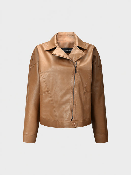 Cross-border European and American vintage women's PU leather jacket with turn-down collar, diagonal zipper, new export simple women's jacket