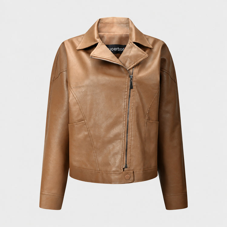 Cross-border European and American vintage women's PU leather jacket with turn-down collar, diagonal zipper, new export simple women's jacket