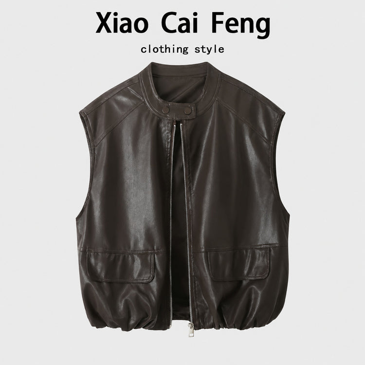 Hong Kong style retro locomotive PU leather vest vest women's autumn design sense niche sleeveless leather jacket shoulder jacket trend