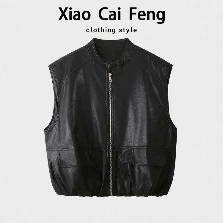Hong Kong style retro locomotive PU leather vest vest women's autumn design sense niche sleeveless leather jacket shoulder jacket trend