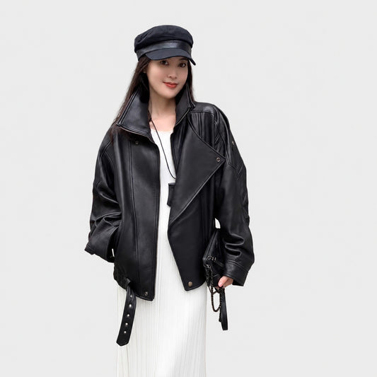 Haining's new leather jacket, motorcycle jacket, loose leather jacket, 2026 autumn new silhouette, double-collar, cropped jacket, women
