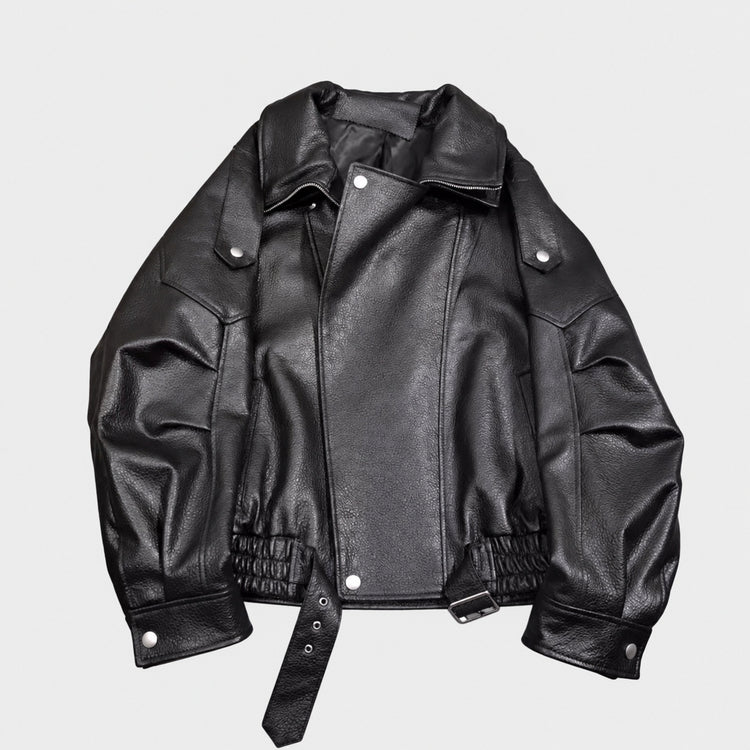 Haining's new leather jacket, motorcycle jacket, loose leather jacket, 2026 autumn new silhouette, double-collar, cropped jacket, women