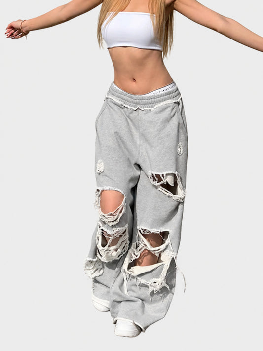 European and American cross-border personalized street casual pants, high street hip-hop ripped design wide-leg pants, loose sweatpants wholesale