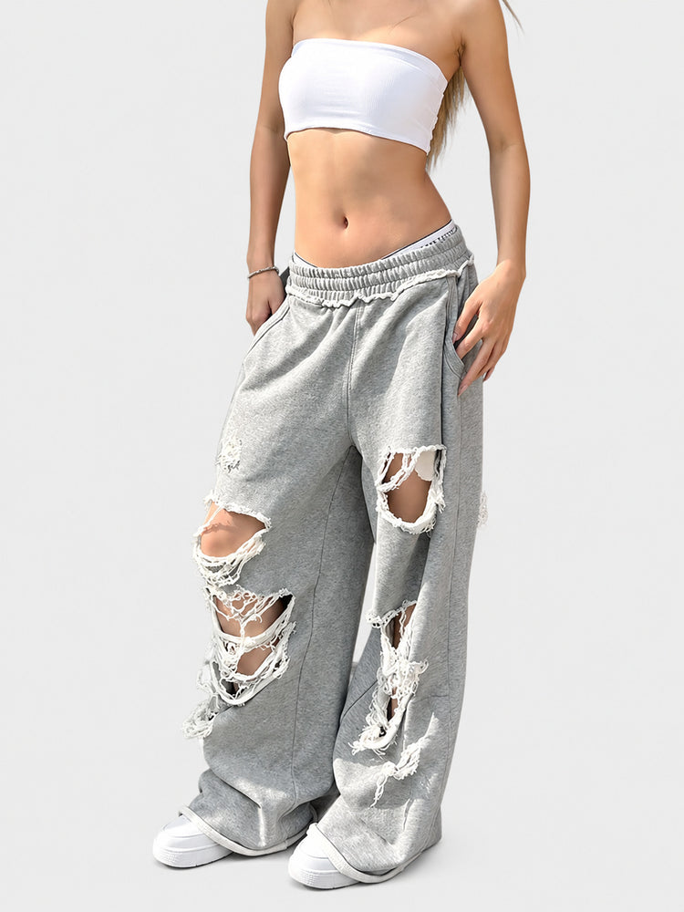 European and American cross-border personalized street casual pants, high street hip-hop ripped design wide-leg pants, loose sweatpants wholesale