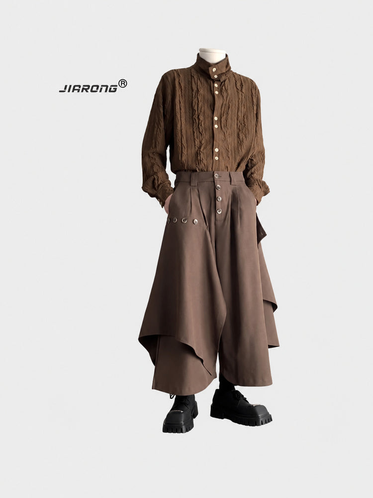 New Chinese trousers, men's Japanese retro, high-end design, handsome pants, irregular drape, wide-legged culottes, autumn