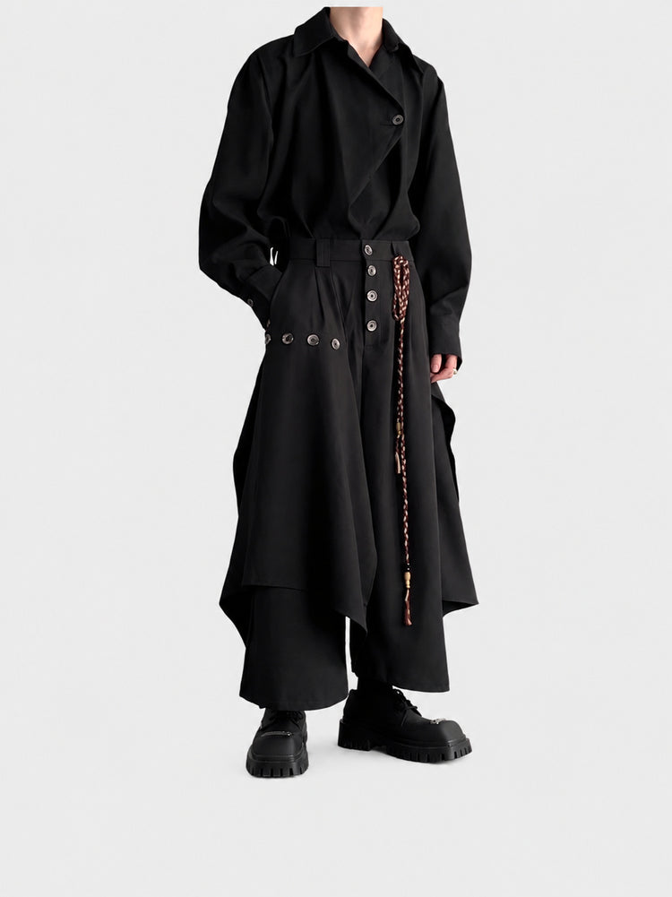 New Chinese trousers, men's Japanese retro, high-end design, handsome pants, irregular drape, wide-legged culottes, autumn