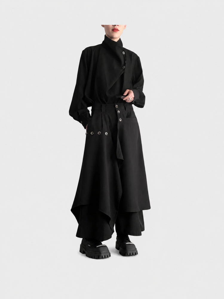 New Chinese trousers, men's Japanese retro, high-end design, handsome pants, irregular drape, wide-legged culottes, autumn