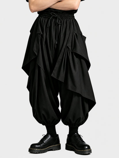 A45 Dark Men's Loose Skirt Pants, Japanese Style Drapey Casual Pants, Trendy High-Waist Irregular Wide-Leg Pants