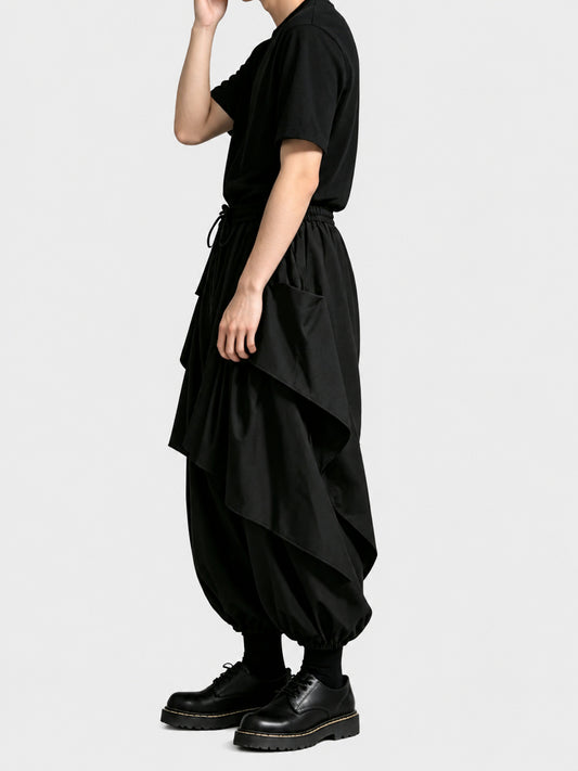 A45 Dark Men's Loose Skirt Pants, Japanese Style Drapey Casual Pants, Trendy High-Waist Irregular Wide-Leg Pants