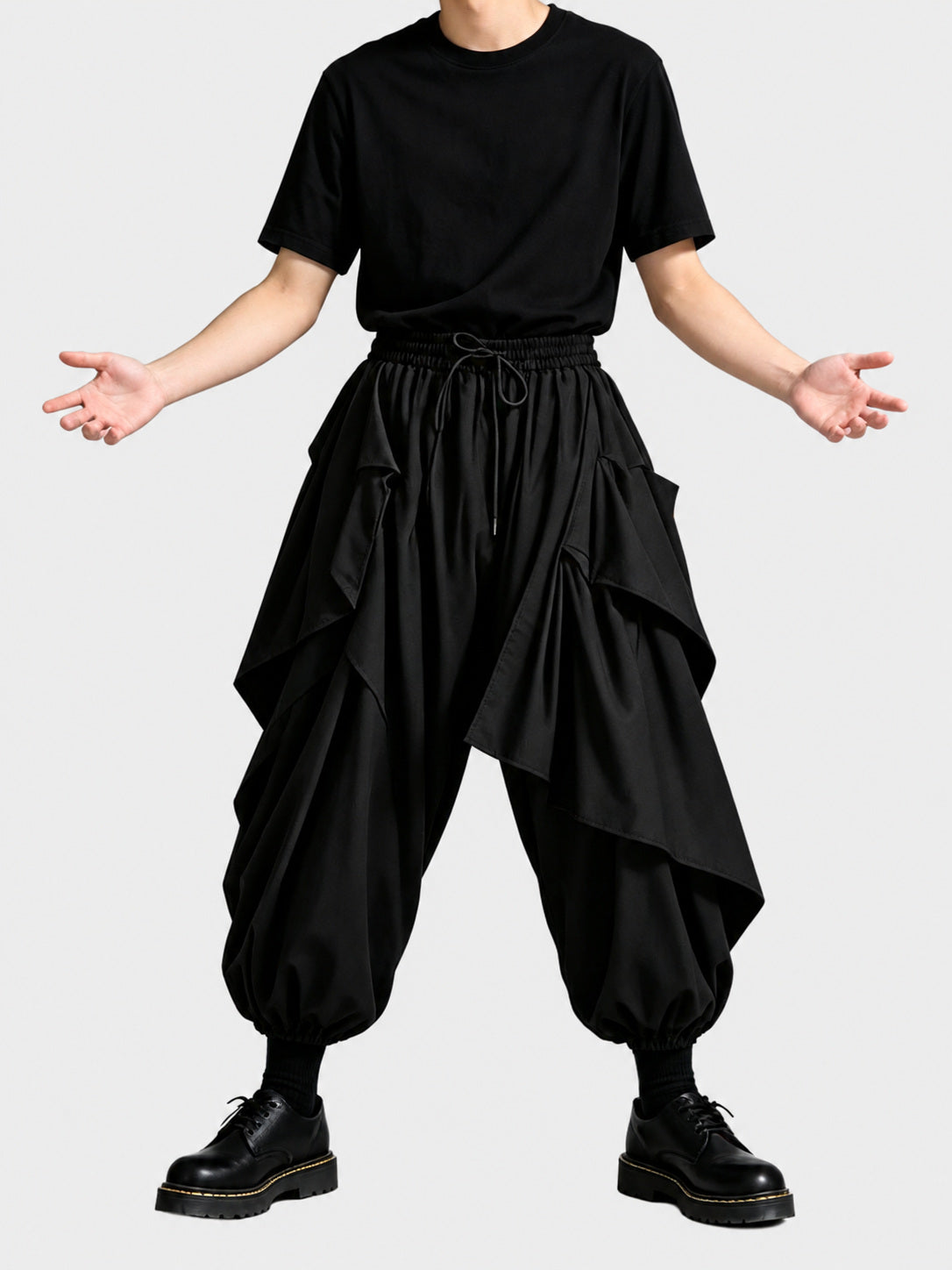 A45 Dark Men's Loose Skirt Pants, Japanese Style Drapey Casual Pants, Trendy High-Waist Irregular Wide-Leg Pants